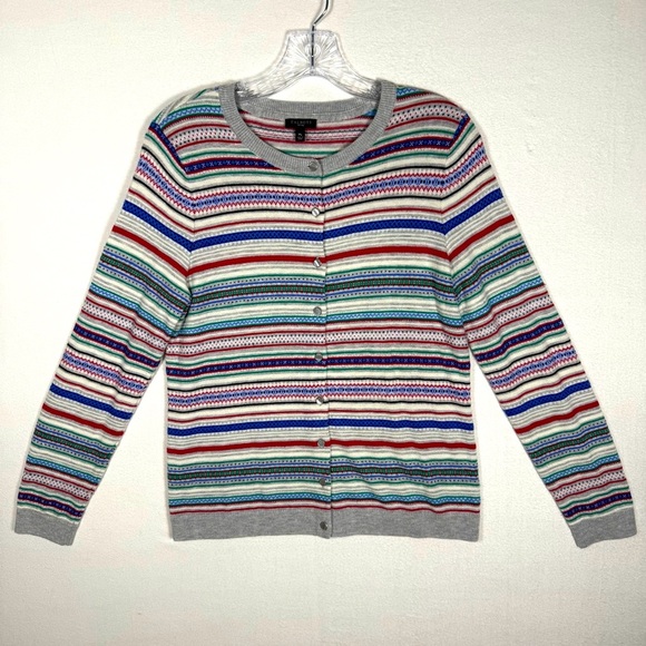Talbots striped cardigan wool sweater medium petite fair isle Christmas primary - Picture 1 of 9